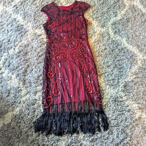 Elegant Red and Black Beaded Dress with Fringe Size M